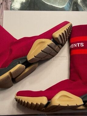 Vetements Red Sock Sneakers with Tan Soles and Black Midsole